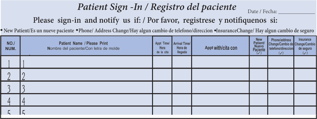 Patient Confidentiality Sign-In Sheet with record copy  English / Spanish